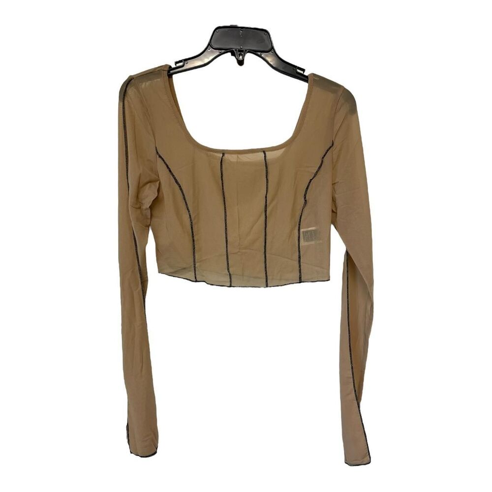SHEIN Sheer Tan Black Trimmed Mesh Long Sleeve Crop Top Size XL